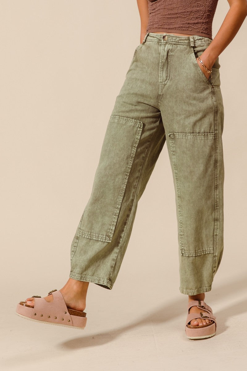 Mineral Washed Mid Rise Barrel Denim Pants