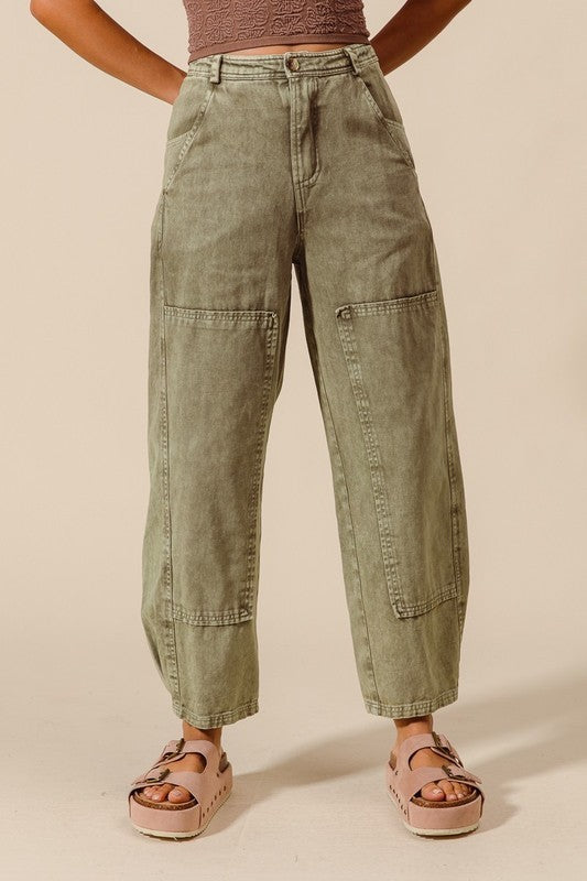 Mineral Washed Mid Rise Barrel Denim Pants