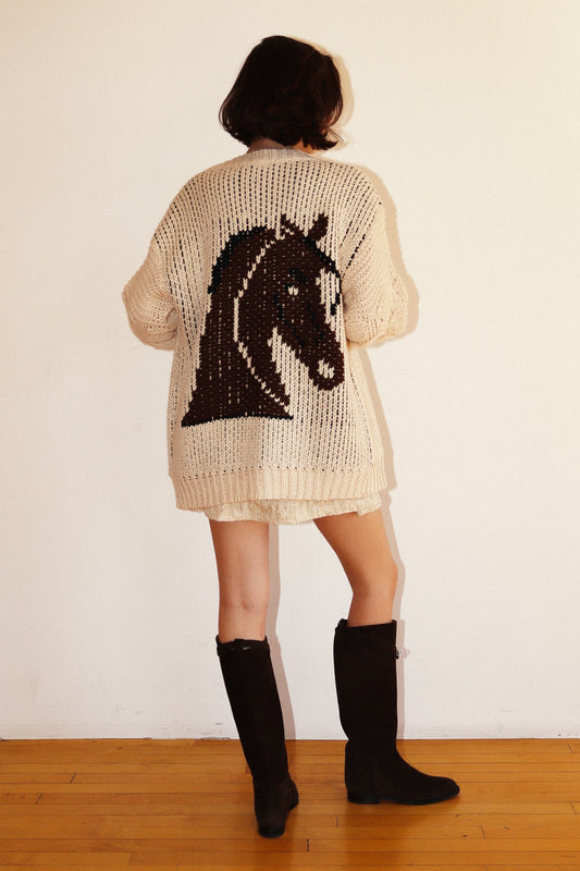 Western Horse Print Open Knit Cardigan