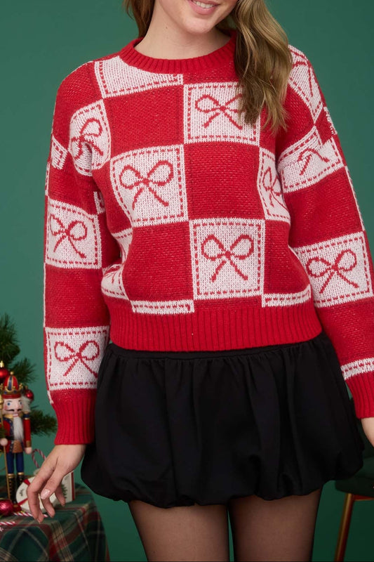 Checkered Bow Jacquard Crewneck Knit Sweater