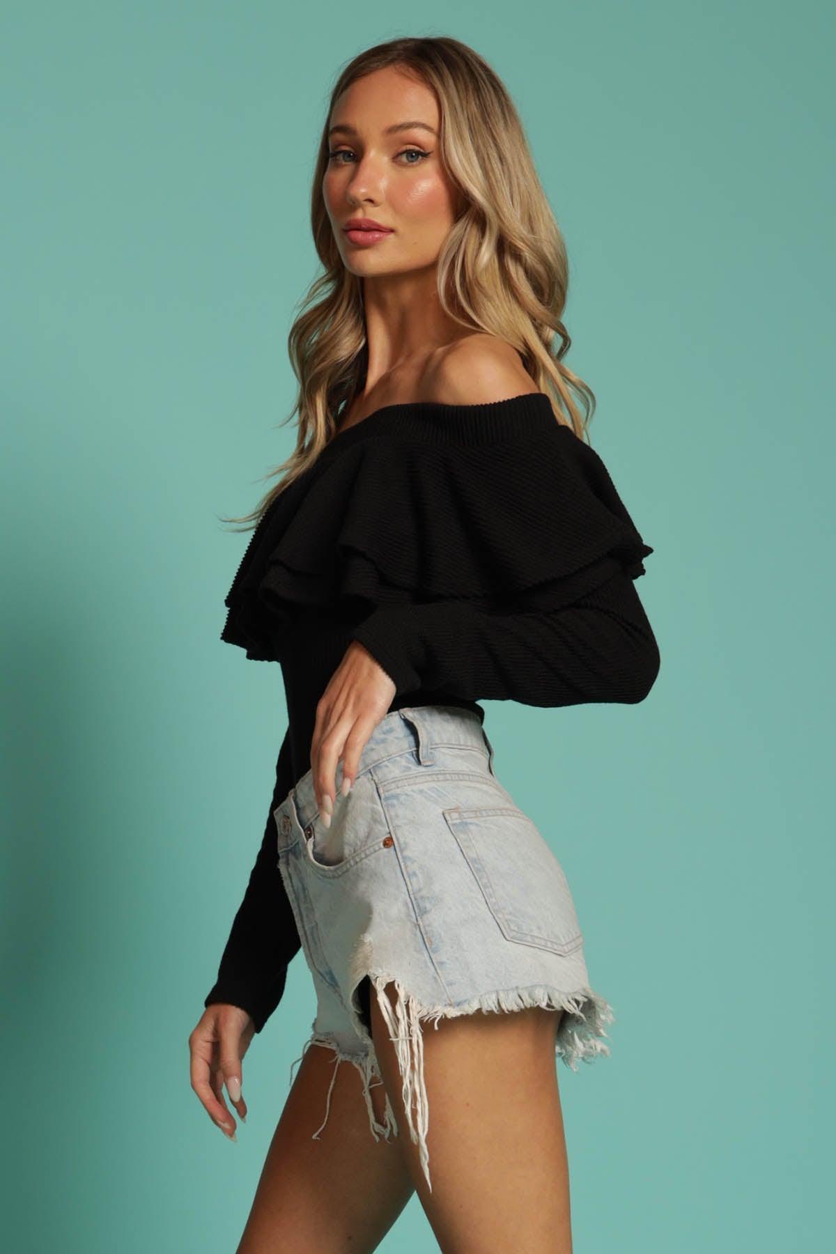 Krystal Ruffle Off Shoulder Knit Top