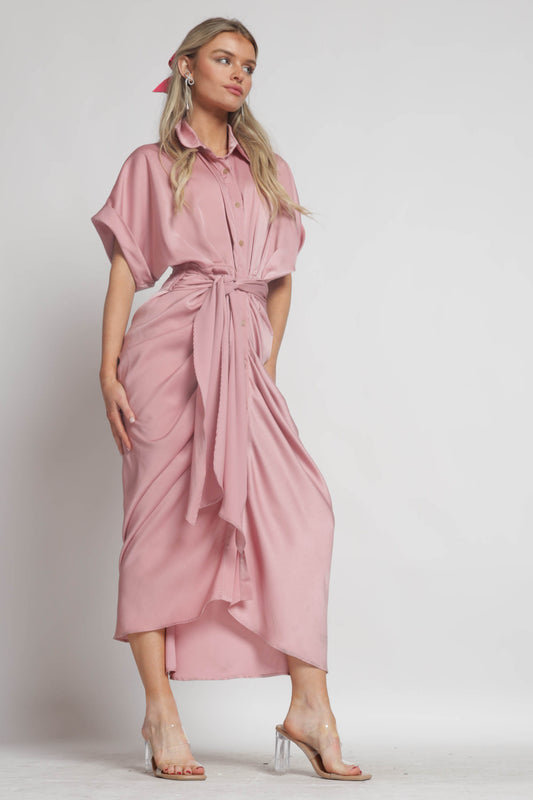 Evangeline Satin Drape Button Down Midi Dress