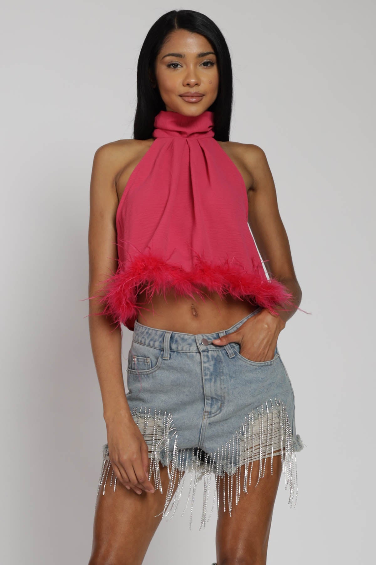 Gatsby Feather Trim Halter Crop Top