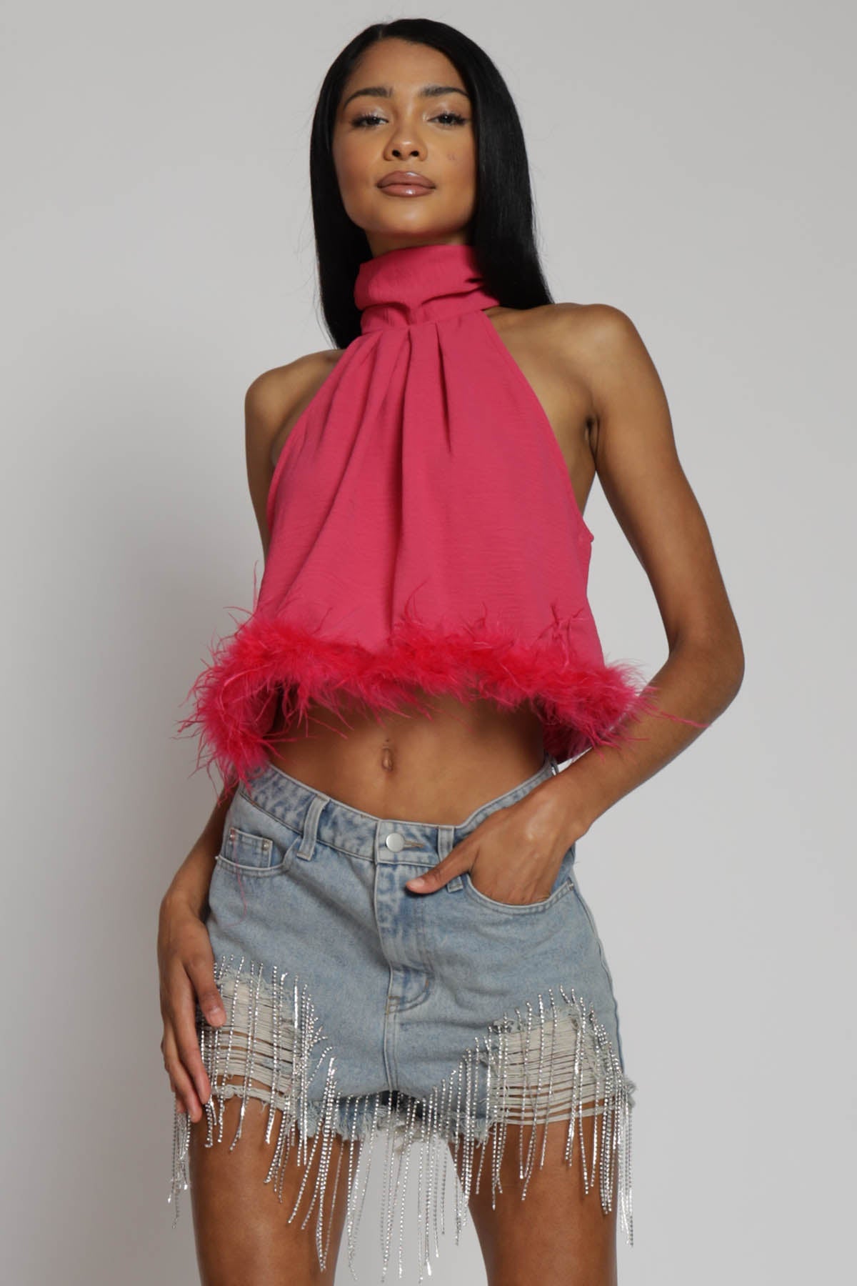 Gatsby Feather Trim Halter Crop Top