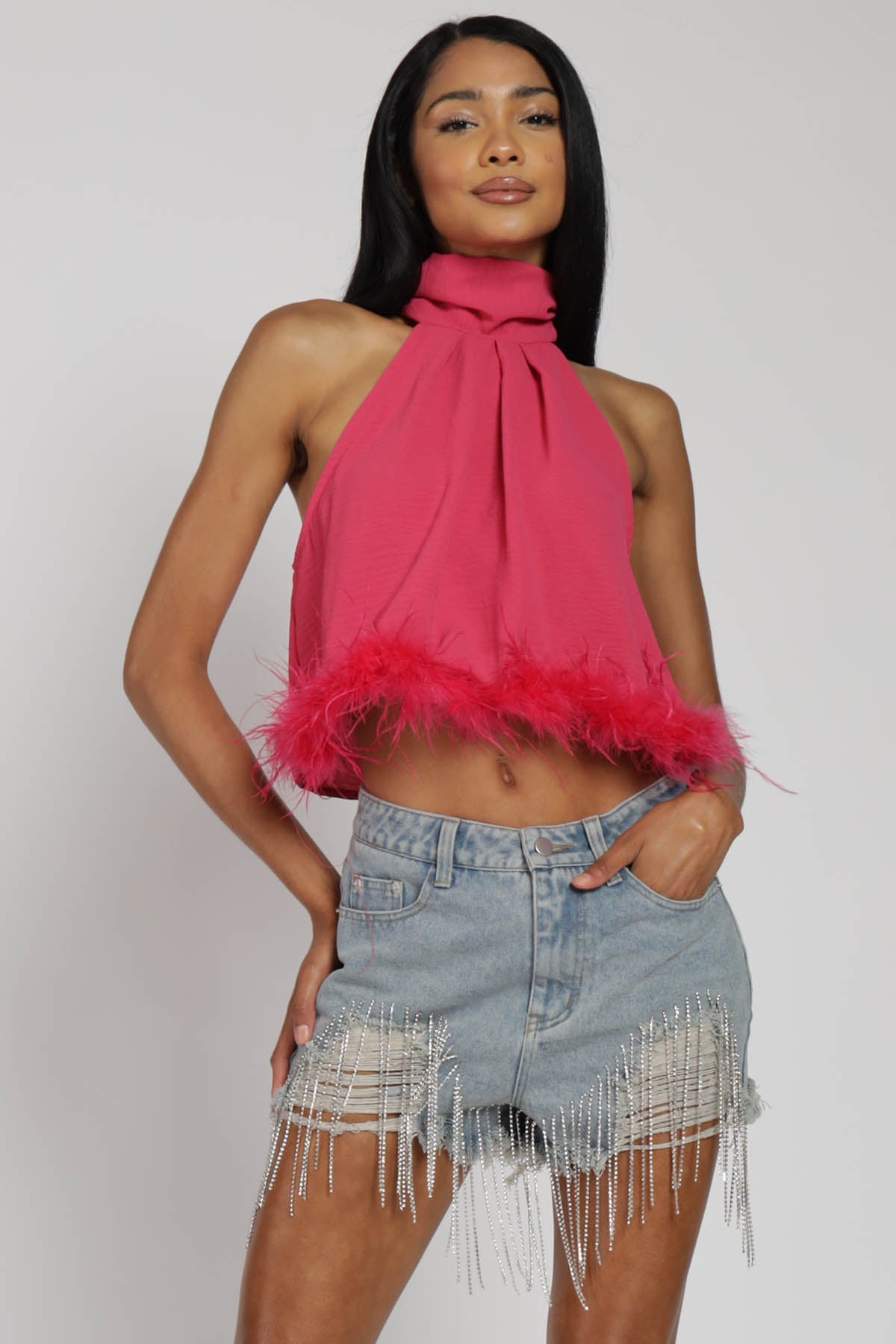 Gatsby Feather Trim Halter Crop Top