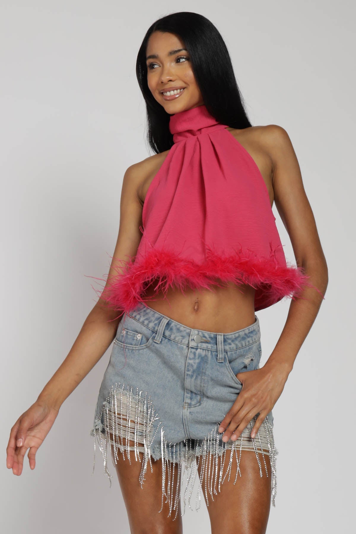 Gatsby Feather Trim Halter Crop Top