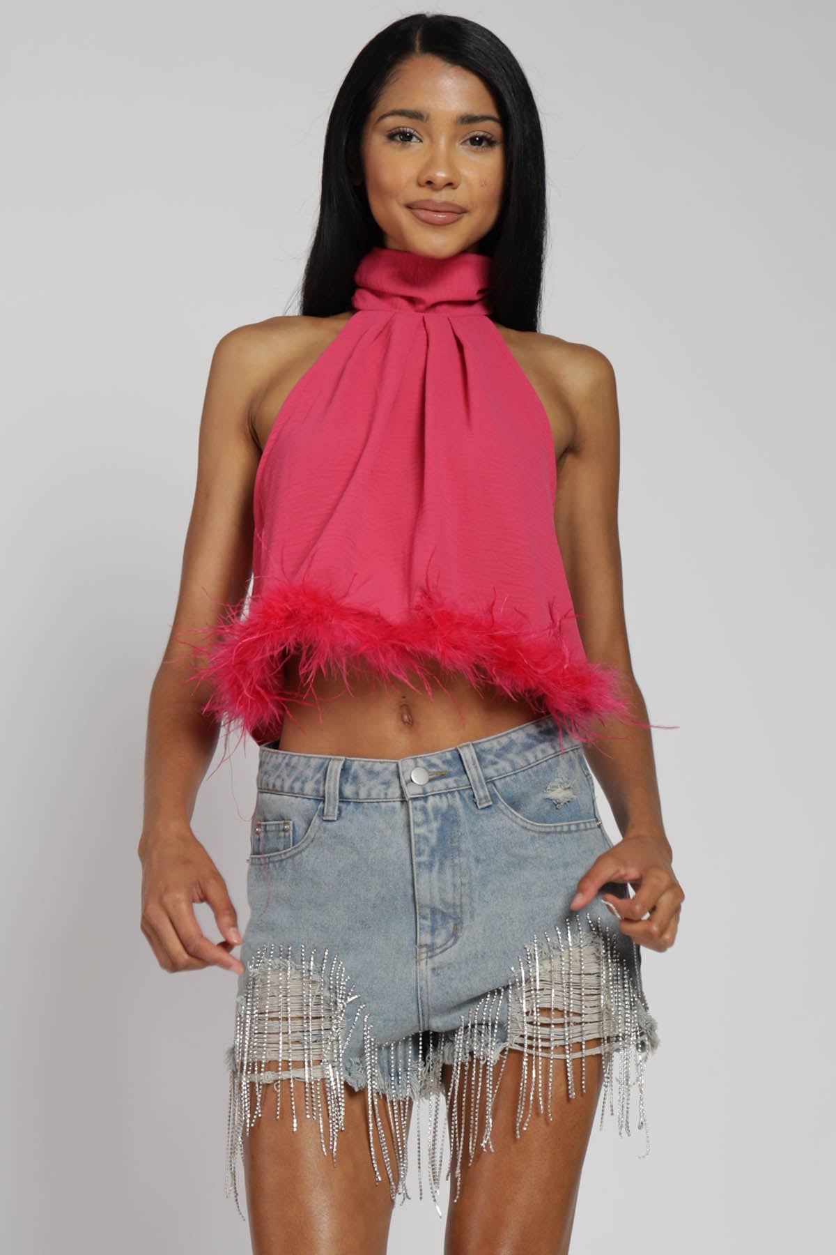 Gatsby Feather Trim Halter Crop Top