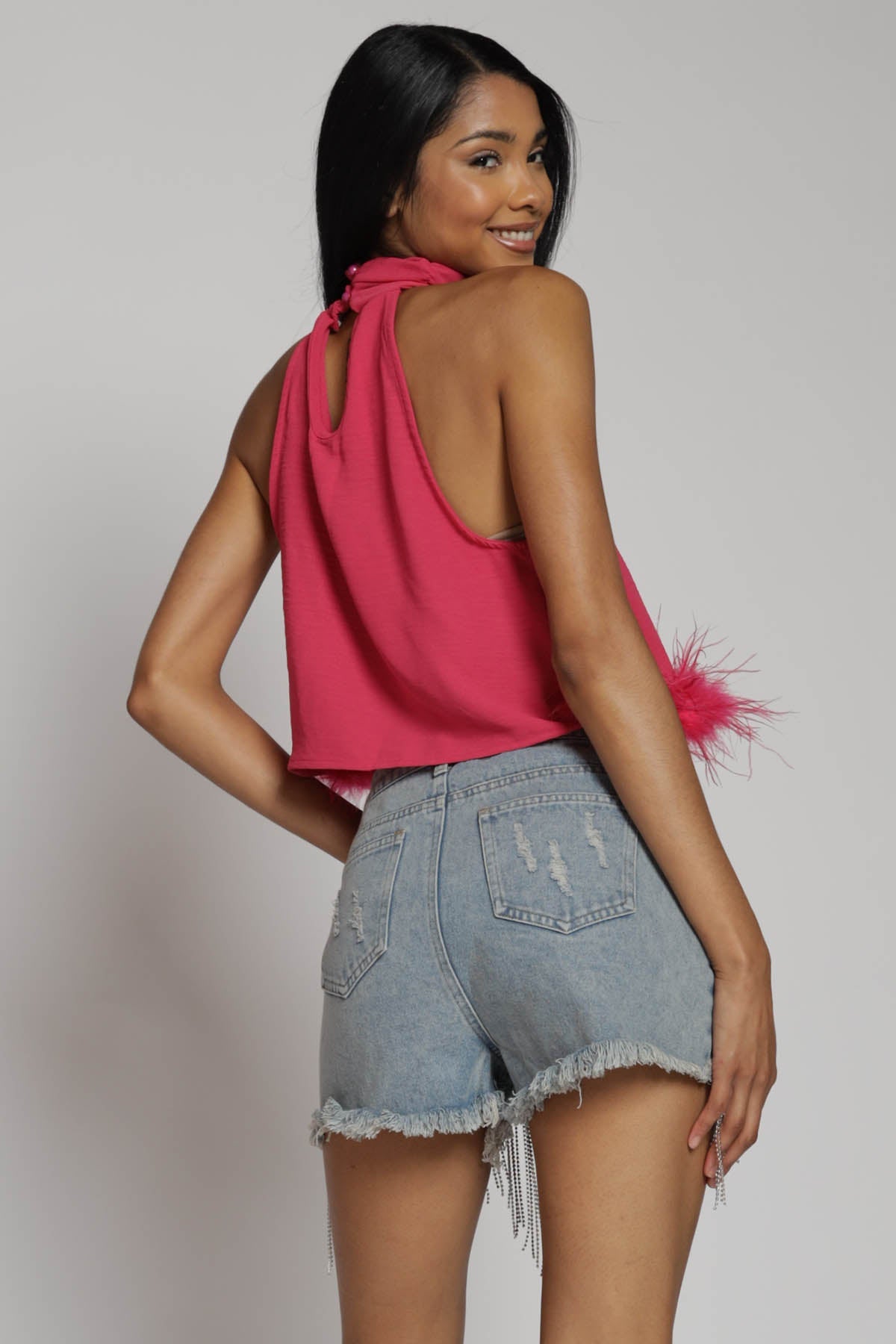 Gatsby Feather Trim Halter Crop Top