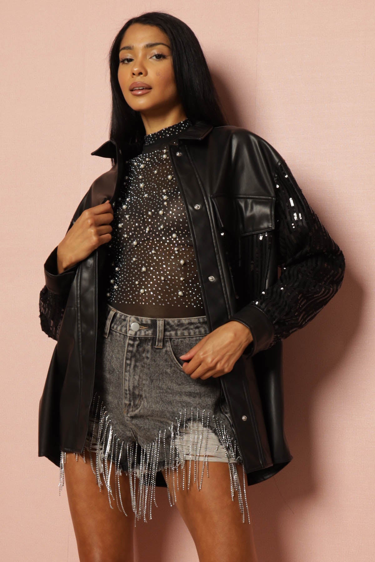 Miley Faux Leather Sequin Shacket