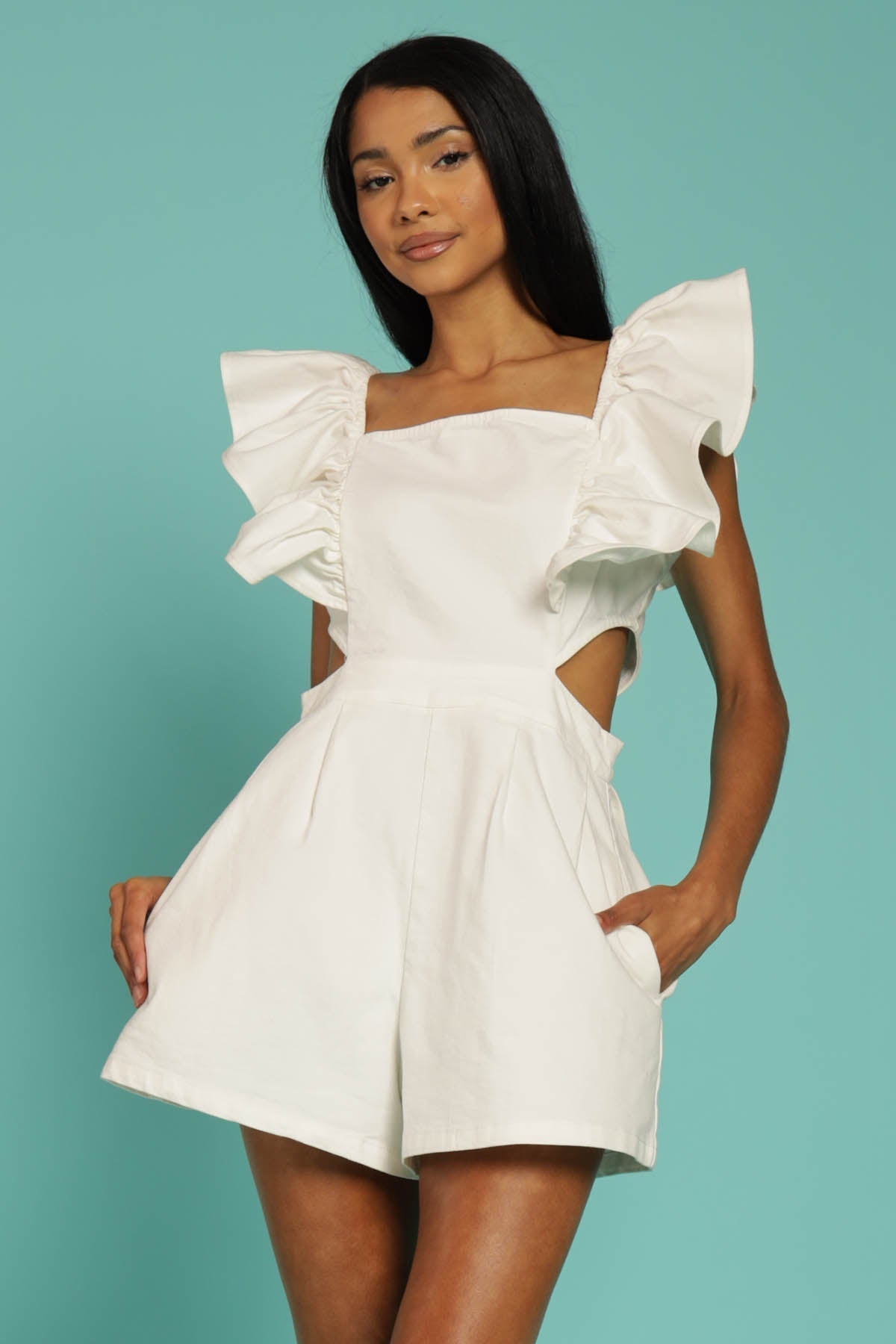 Alicia Ruffle Sleeve Cutout Pocketed Romper