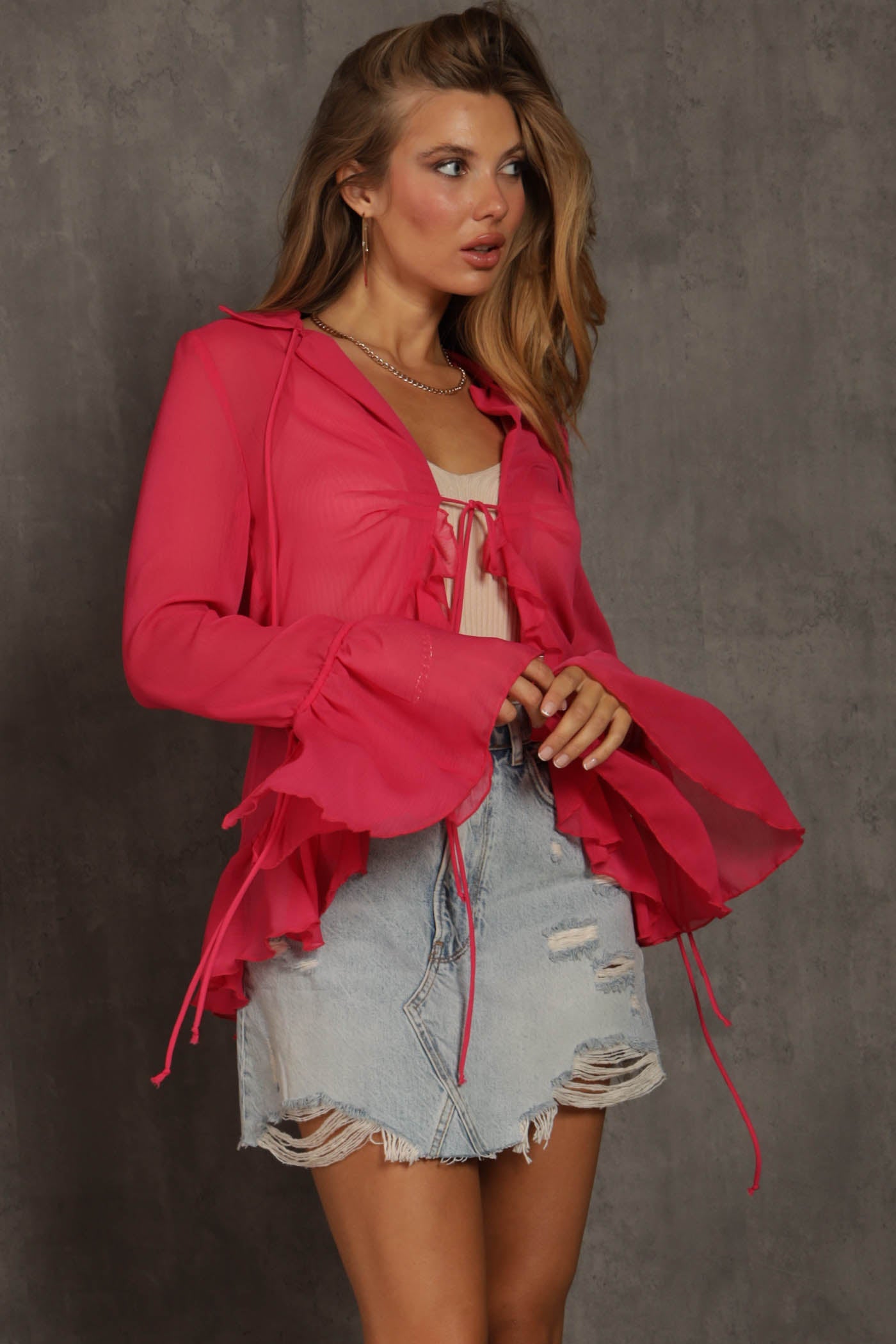 Paris Sheer Ruffle Tie Blouse