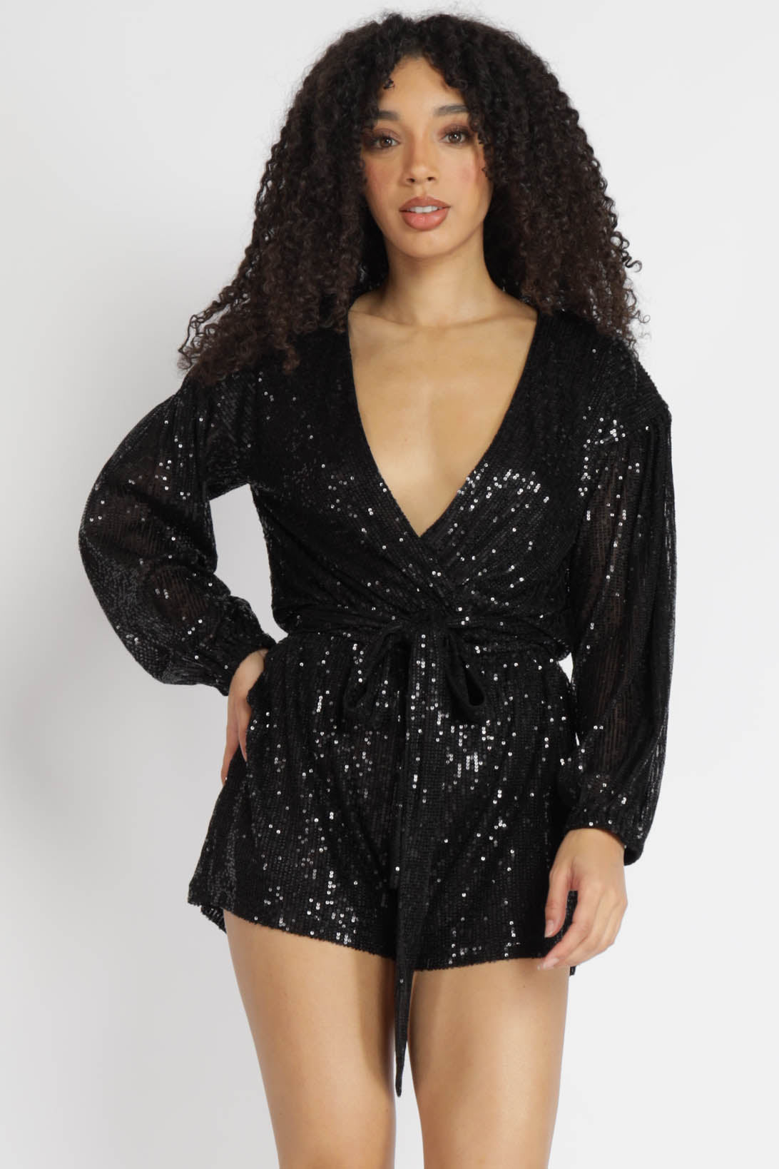 Mariam Sequin Cross Over Romper with Belt