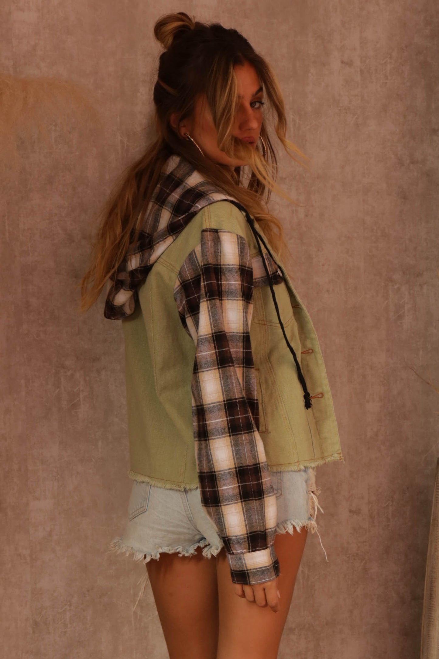 Kaitlin Plaid Contrast Denim Hooded Jacket