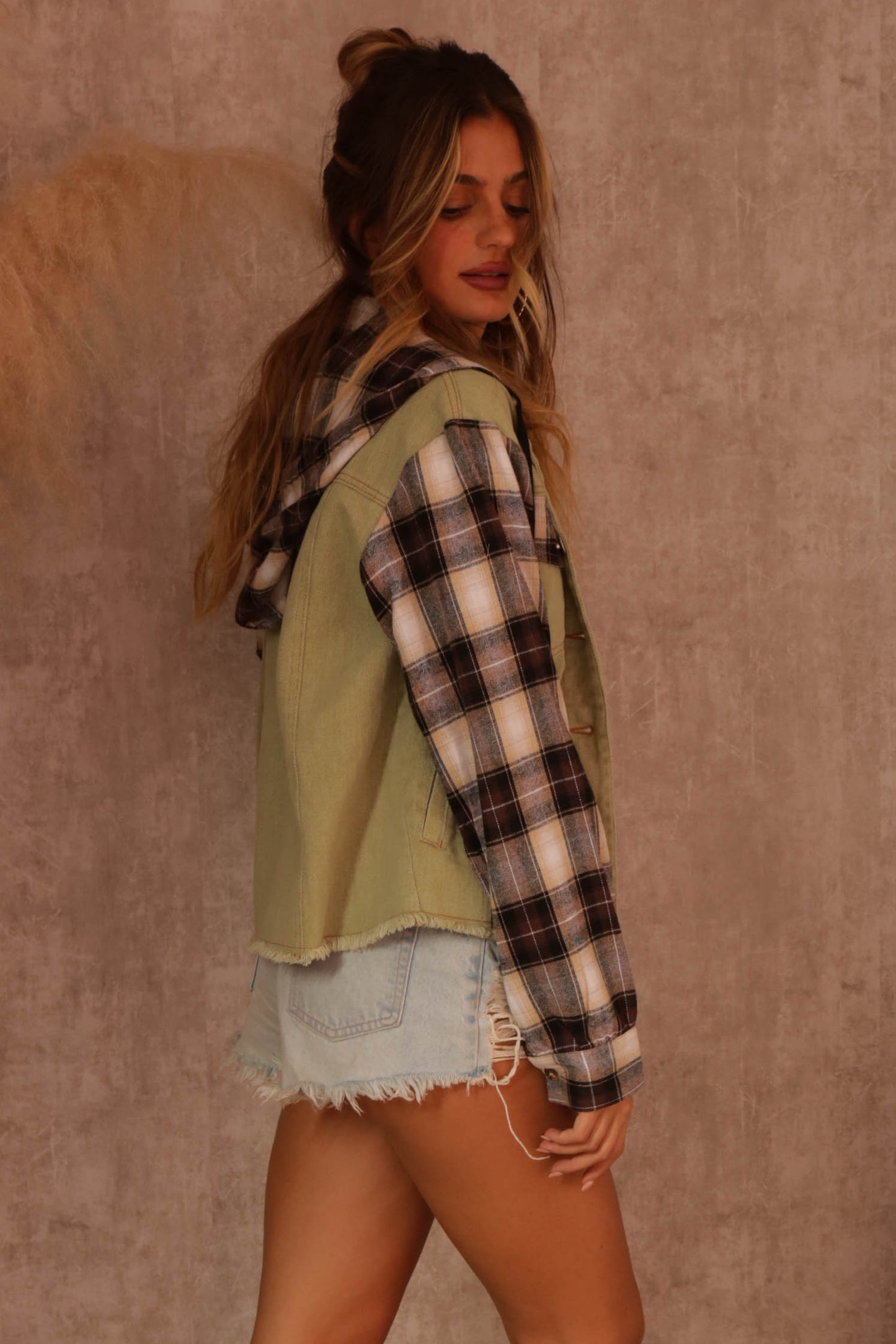 Kaitlin Plaid Contrast Denim Hooded Jacket