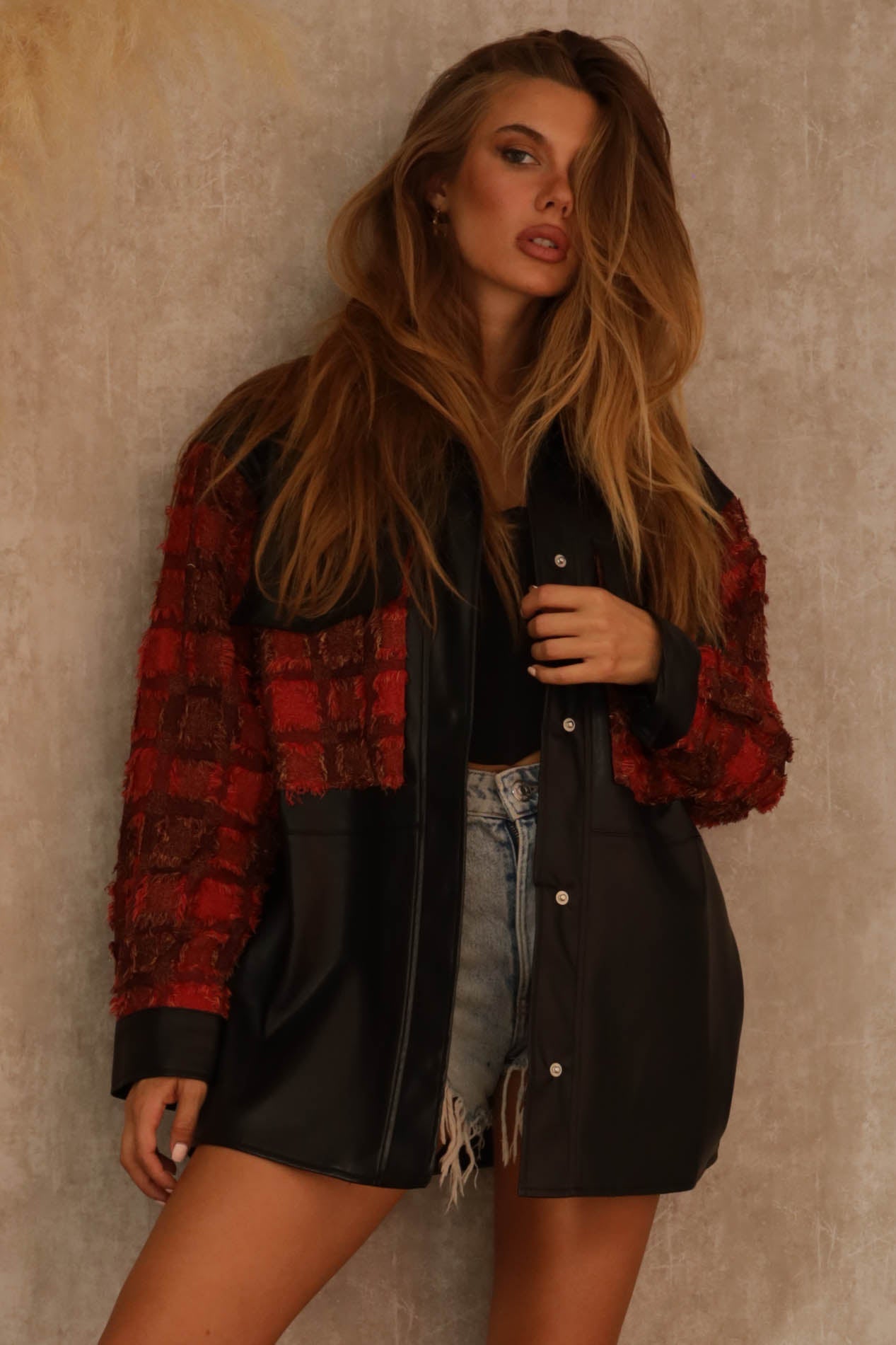 Bleeker Plaid contrast Faux leather Jacket