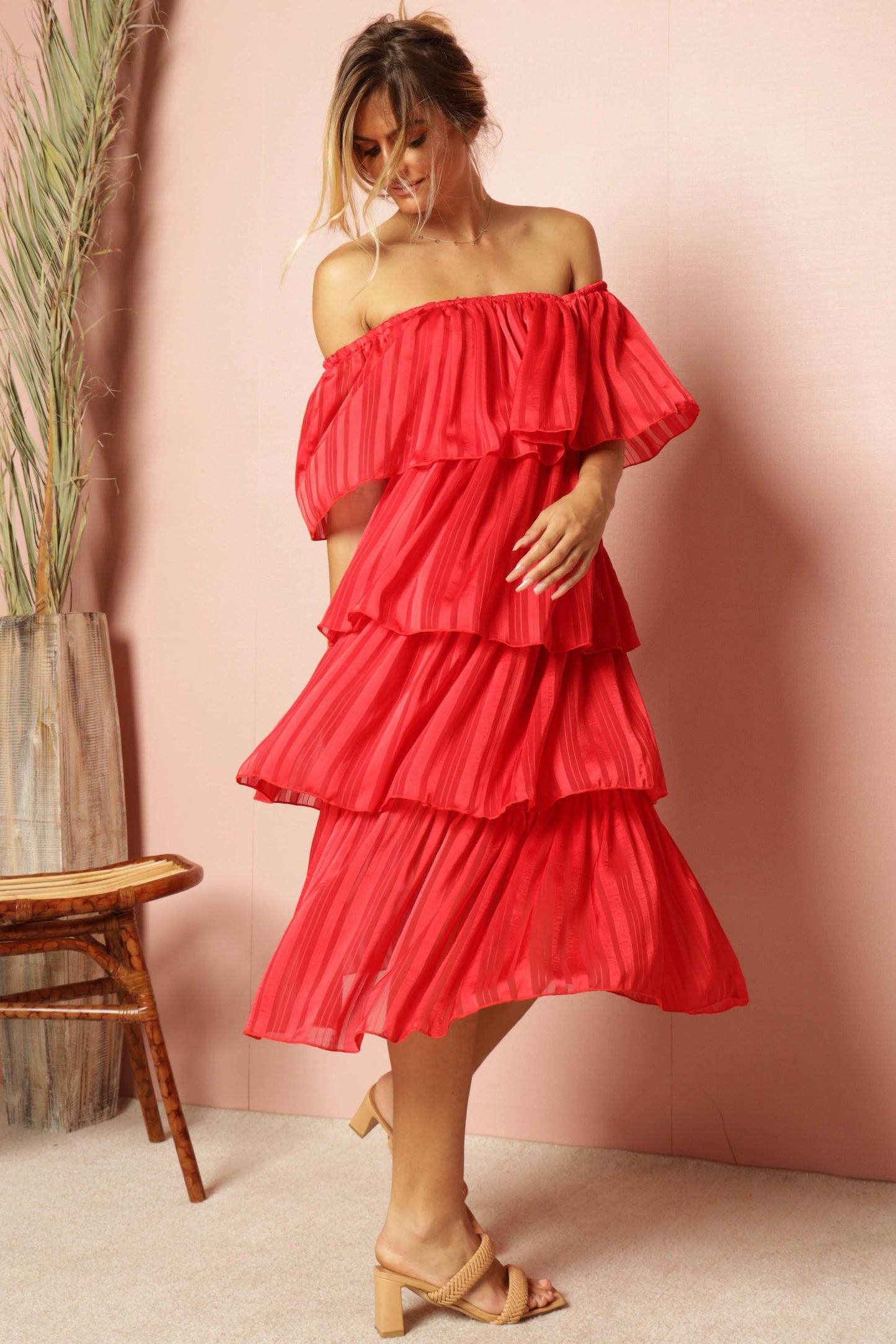 Gabriella Tiered Off Shoulder Midi Dress